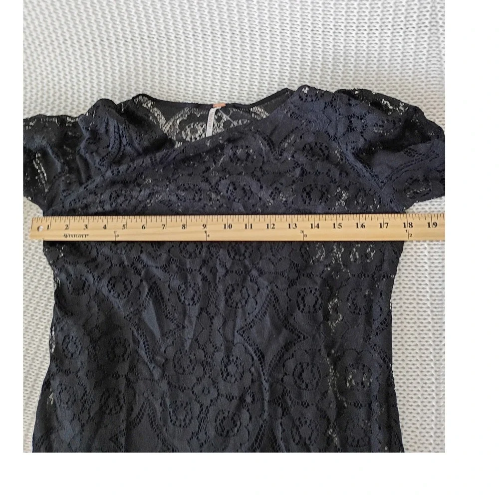 Free People Coquette Black Floral Lace Ruffle Hem Mini Dress 3/4 Sleeve S